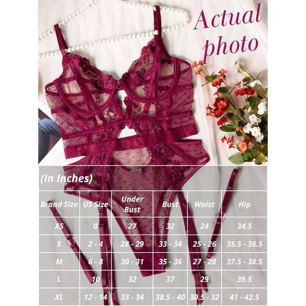 6770 Teddy Lingerie with Garter,Underwire Embroidered Lenceria Sexy,One - Picture 5 of 6